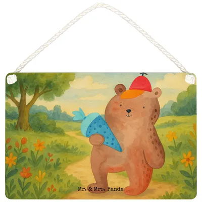 Produktbild von Mr. & Mrs. Panda Schild Bär Schultüte Design DIN A6 - Weiß - Geschenk, holzbild, Schulbeginn, kleine aufmerksamkeit, Türschild, Einschulung, Erster Schultag, Teddy