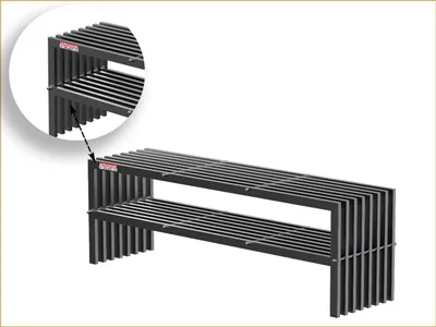 A 3D rendering of a black metal bench with two shelves.