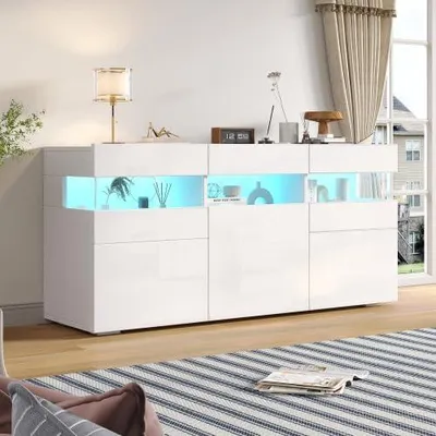 Productafbeelding van Witte, glanzende dressoir, 140 cm, moderne opbergkast met acryl deuren, LED-verlichting en app-bediening, geschikt voor de woonkamer