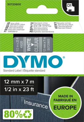 Produktbild von DYMO Original D1-Etikettenband | weiß auf transparent | 12 mm x 7 m | selbstklebendes Schriftband | für LabelManager-Beschriftungsgerät