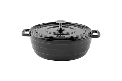 A black cast iron pot with a lid, shown from the side against a white background.