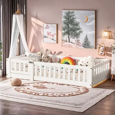 Produktbild von Kinderbett 120x200 cm Bodenbett mit Lattenrost und Rausfallschutz, Massives Montessori Bett aus Holz Kiefer, Weiß Einzelbett, ohne Matratze