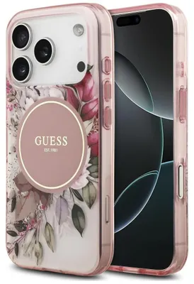 Zdjęcie produktu dla Etui Guess IML z motywem kwiatowym i kolorami "Blume" i "Tonale", kompatybilne z Apple iPhone 18 Pro Max / 17 Pro Max, kolor różowy
