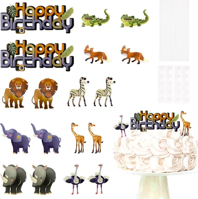 Produktbild von Oblique Unique Happy Birthday Torten Topper / Konfetti Set 18 Stk. Tiere zum Dekorieren Kuchendeckel Kinder Geburtstag Deko