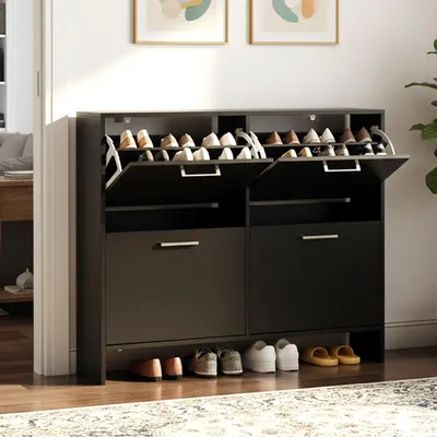 Produktbild von FCH Schuhschrank schmal mit 4 Klappen, Schuhregal für den Eingang, Flur, Wohnzimmer 106,5 x 24 x 90 cm, Schwarz