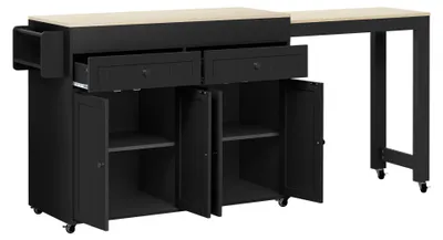 Produktbild von Flieks Servierwagen Kücheninsel mit ausziehbarem Esstisch, Speisewagen mit Schubladen, Staufach und Gewürzregal,  112-180.5x45x92.2 cm, Schwarz