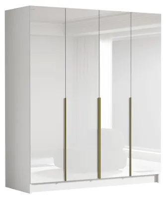 Produktbild von MIRJAN24 Kleiderschrank Santi I, Schlafzimmer, Drehtürenschrank, mit Kleiderstange, Modern, Garderobenschrank, Metallgriffe (Farbe: Weiß / Weiß Hochglanz + Gold)