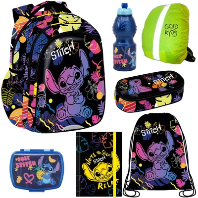 Produktbild von Goldkids - Rucksack für Jungen und Mädchen, 7er-Set - Schul-Rucksack für Kinder mit Federmäppchen - Schuhbeutel und Regenschutz - Stitch Motiv