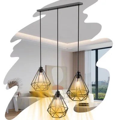 Productafbeelding van YARDIN industriële lamp met rechthoekige plafondplaat, 3-lichts metalen lamp, flexibel in hoogte verstelbaar, met ST64 gloeilampen, IP20 binnenverlichting