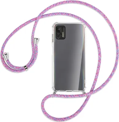 Produktbild von Handykette Backcover-Schutzhülle mit Band (Metall silberfarben) für Motorola Moto G Pro 2021 - lila/rosa/blau