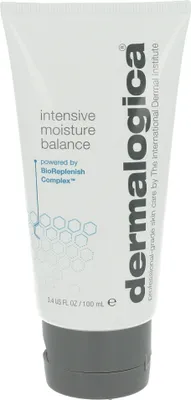 A white tube of Dermalogica Intensive Moisture Balance cream with a gray cap, set against a white background.