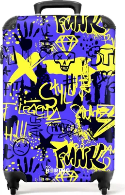 Obrázok produktu pre NoBoringSuitcases.com® Kufr Príručná batožina Kufr na kolieskach Malý cestovný kufor na 4 kolieskach - Žlté a čierne graffiti na fialovom pozadí - Kabínová veľkosť < 55x40x23 cm a 55x40x20 cm - Foto kufor - Kabínová batožina - Palubná batožinaPríručná batožina Kufrík 55x35x20 cm, 36L,