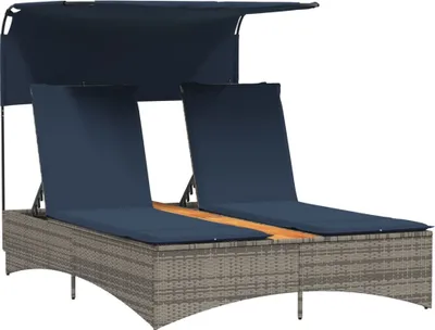 Produktbild von Doppel-Sonnenliege mit Dach und Kissen Grau Poly Rattan
