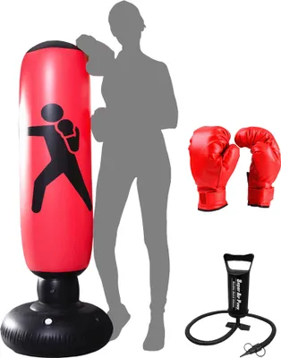 Image de CANDeal Sac de boxe enfants 160 cm, Sac de boxe sur pied Sac de boxe gonflable Tumbler Enfants Fitness Décompression Sacs de sable Kick Kampftraining, Avec pompe à air manuelle et gants de boxe (Rouge)
