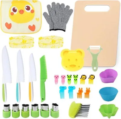 Produktbild von Kinderkeukenmesjes-Set 16-Delige - Sicherer Kochset für Kinder ab 2 Jahre mit Schneidebrett, Wellenschärfer, Holzmesser, Dunschneider und Schürze