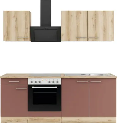 Produktbild von Optifit Küchenzeile mit Geräten Livorno290/Bari407 210 cm wildeiche rostrot matt strukturiert zerlegt Variante reversibel KPLB 2136-9+