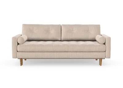 Produktbild von Esme II 3-Sitzer-Sofa mit Schlaffunktion, Massivholzkonstruktion, skandinavischer Stil, gestepptes Sitzkissen, Hohe Beine aus Eichenholz, gewachst, Cord-Stoff Anafi 22 Beige