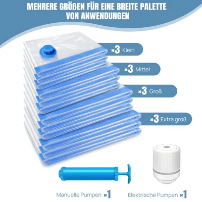Obrázok produktu pre Vakuumové vrecká na skladovanie – balenie 12 kusov – 3 veľké, 3 stredné, 3 malé a 3 malé vrecká – Opakovane použiteľné – Ručná pumpa a elektrická pumpa – Vzduchotesné ventily – Dvojitý zips