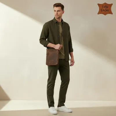 Produktbild von Hunters Umhängetasche Herren Echtleder Vintage Braun – Messenger Bag mit Überschlag
