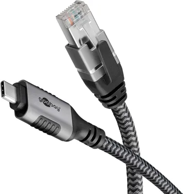 Produktbild von Ethernet-Kabel USB-C 3.2 Gen2 Stecker > RJ-45 Stecker (schwarz/silber, 3 Meter, geflochtener Textilmantel)