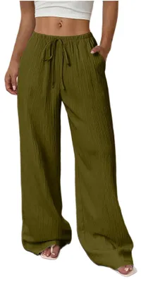 Produktbild von ASKSA Damen Weite Bein Hose Leichte Sommerhose Einfarbig Elegante Musselin Freizeithose Strandhose mit Taschen (Armeegruen,M)
