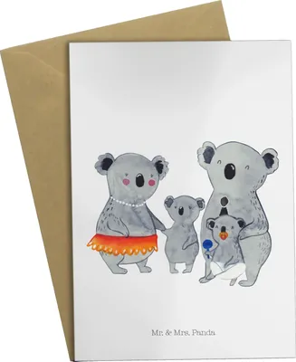 Produktbild von Mr. & Mrs. Panda Klappkarte Koala Familie - Weiß - Geschenk, Papa, osterkarte, Kinder, Muttertag, hochzeitskarten, Family, Grußkarten, einladungskarten, kommunionskarte
