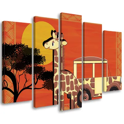 Produktbild von 5-teiliges leinwandbild giraffe 150x100 cm Feeby orange wandbild bereit zum aufhängen