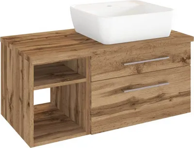 Produktbild von Waschtisch-Unterschrank 90 cm mit Siphonausschnitt Rechts inkl. Keramik Aufsatzwaschbecken & Regal TAREE-03 in wotaneiche Nb.