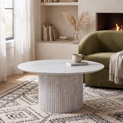 Produktbild von Couchtisch rund TEBUR Ø 80 cm in Travertin Optik - Grau
