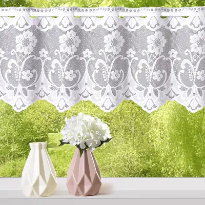 Obrázek produktu pro Záclona s květinovým vzorem Jacquard, bílá, s obloukovým lemem, vhodná jako okenní dekorace nebo do bistra, typ 261, rozměry 30 x 100 cm