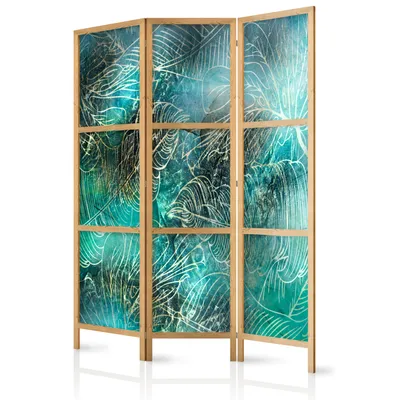 Produktbild von Paravent Tropische Blätter Monstera Palm Wedel 135x171 cm - 3-teilig - einseitig - eleganter Sichtschutz - Raumteiler - Trennwand - Raumtrenner - Holz - Design Motiv - Deko b-A-0830-z-b