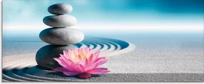 Produktbild von ARTland Glasbild Sand, Lilie und Spa-Steine in Zen-Garten Größe: 125x50 cm