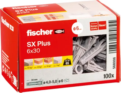 Produktbild von Fischer 568006, Spreizdübel, Autoklaven-Porenbeton, Mauerziegel, Beton, Gipsblock, Mauerwerk, Nylon, Deutschland, 6 mm, 30 mm