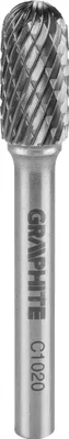 Produktbild von GRAPHITE HM-Frässtift, zylindrisch abgerundet, Form C, HM-Schneidwerkzeug, Ø 10 mm, Kopflänge 20 mm, Stift- Ø 6mm, Stiftlänge 45 mm, Karbidfräser für Geradschleifer