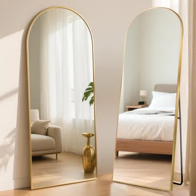 Immagine prodotto di Specchio a figura intera, curvo o dritto, dimensioni 180x76 cm, cornice in alluminio dorato, vetro di sicurezza
