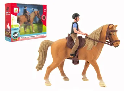 Immagine prodotto di Cavallo e fantino in plastica, altezza 15 cm, confezionato in una scatola di 20x16x5,5 cm