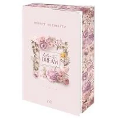 A pink box with floral designs and text.