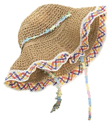 Produktbild von Handgefertigter Strohhut für Damen mit Blumenstickerei, Kinnriemen, Sonnenschutz, breite Krempe, ideal für Sommer, Strand und Reisen