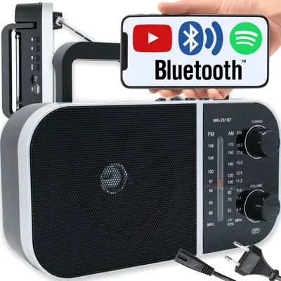 A hand holds a smartphone displaying app logos and the word "Bluetooth" above a portable radio.