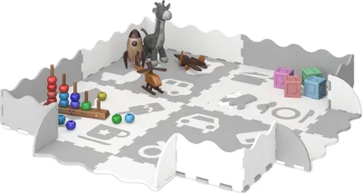 Produktbild von Relaxdays Puzzlematte, 2x2 Spielmatte mit Rand, versch. Symbole, Schaumstoffmatte schadstofffrei, Kindermatte, grau/weiß