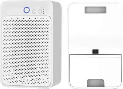 A white dehumidifier is shown from the front and side.