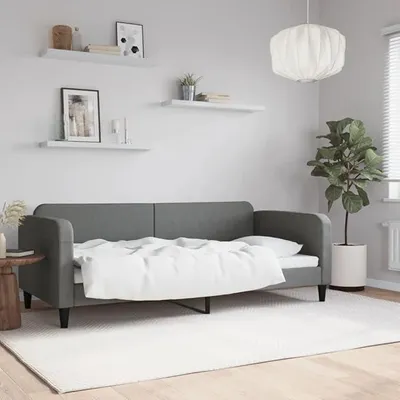 Image de Lit de jour gris foncé, 90x200 cm, en tissu, convertible en canapé avec sommier à lattes, lit d'appoint convertible en canapé sans matelas, canapé-lit pour salon ou chambre