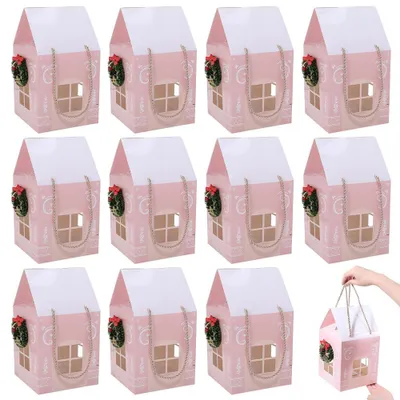 12 Weihnachtsgeschenkboxen Hausform Rosa mit Griff