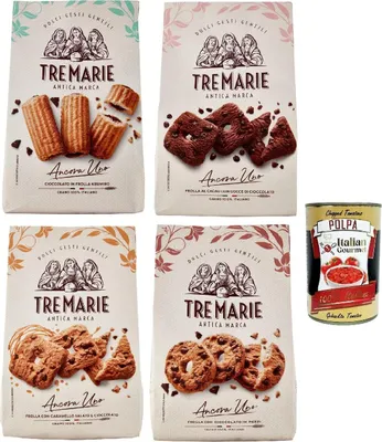 Produktbild von Tre Marie Ancora Uno Testpaket, Kekse mit Kakao 4x stuck, cookies biscuit altmodisches Gebäck 100% Italienische Kekse + Italian Gourmet polpa 400g