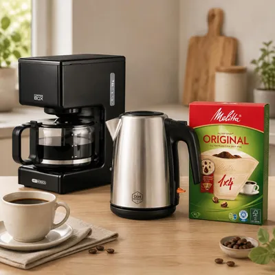 Immagine prodotto di Set per la preparazione del caffè con filtro (3 pezzi) – Macchina da caffè da 6 tazze, filtri non sbiancati e bollitore da 1 litro