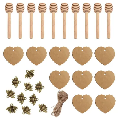 Holz-Honigstäbchen 10 Stück, 11 cm, mit Bienen-Anhängern & Etiketten