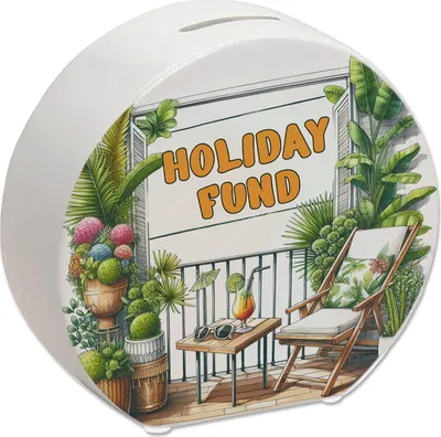 Produktbild von Urlaub auf Balkonien Urlaubskasse Spardose mit Spruch Holiday Fund