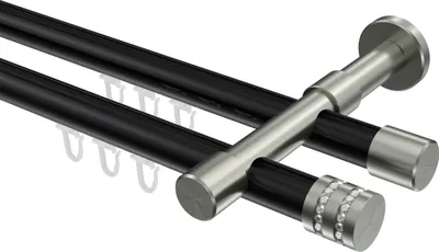 Produktbild von Interdeco Innenlaufstange / Gardinenstange mit Innenlauf Schwarz / Edelstahl-Optik, Typ Prestige Estana (Glitzerkappe), 20 mm Ø 2-läufig, 120 cm