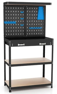 Obrázek produktu pro Pracovní stůl na nářadí – děrovaná deska, zásuvka, police, modrá
