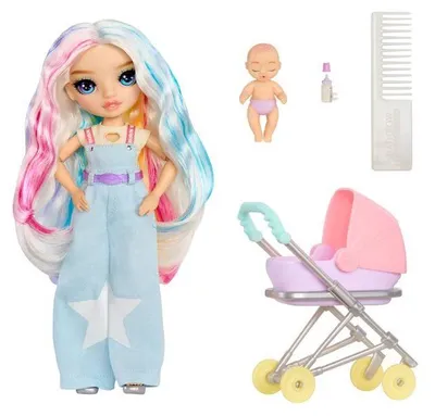 Zdjęcie produktu dla Lalka Poupée Junior High, opiekunka do dzieci, Amaya, 23 cm, z wózkiem, kołyską, butelką, grzebieniem, ubrankami i akcesoriami